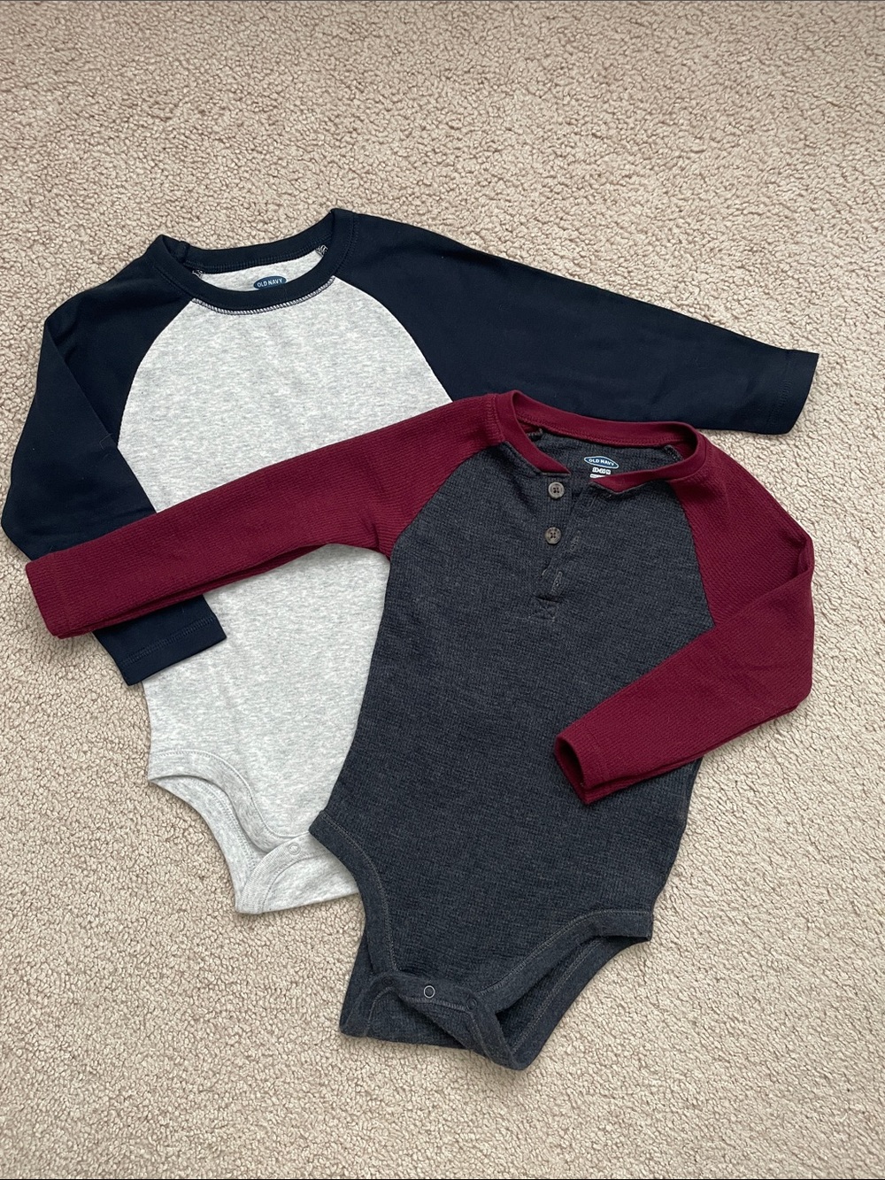 Old Navy Kids Raglan Henley One-Piece Bodysuit - Charcoal & Burgundy